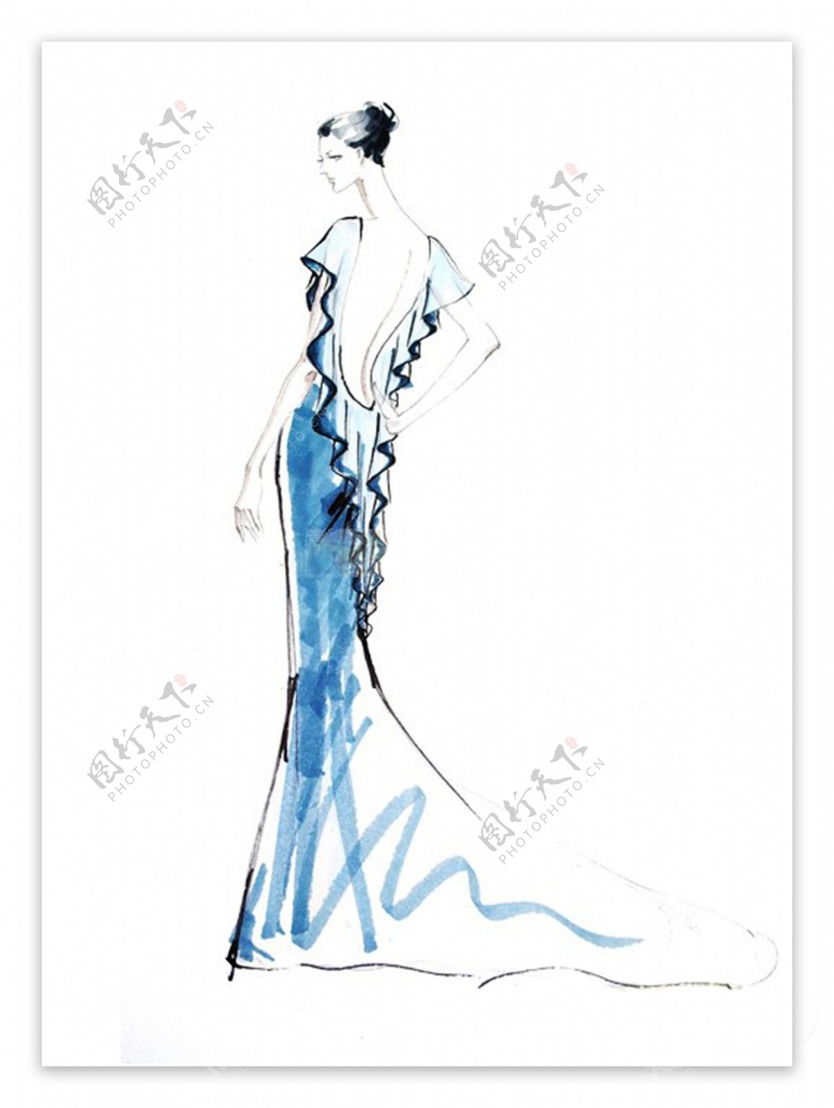 蓝色露背长裙设计图
