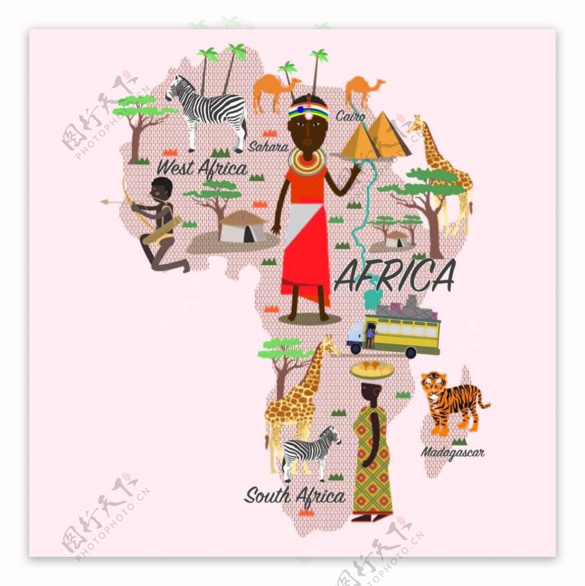 卡通非洲旅游地图海报矢量素材下载
