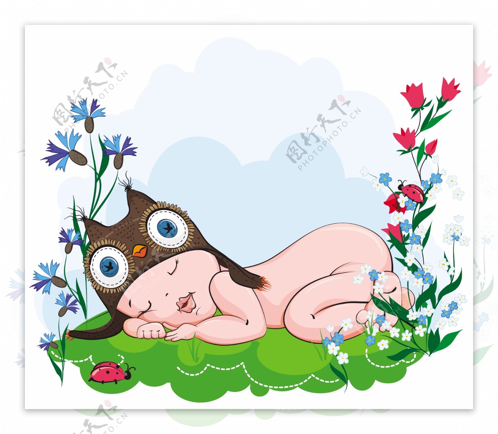戴猫头鹰帽子睡觉的宝宝插画矢量素材