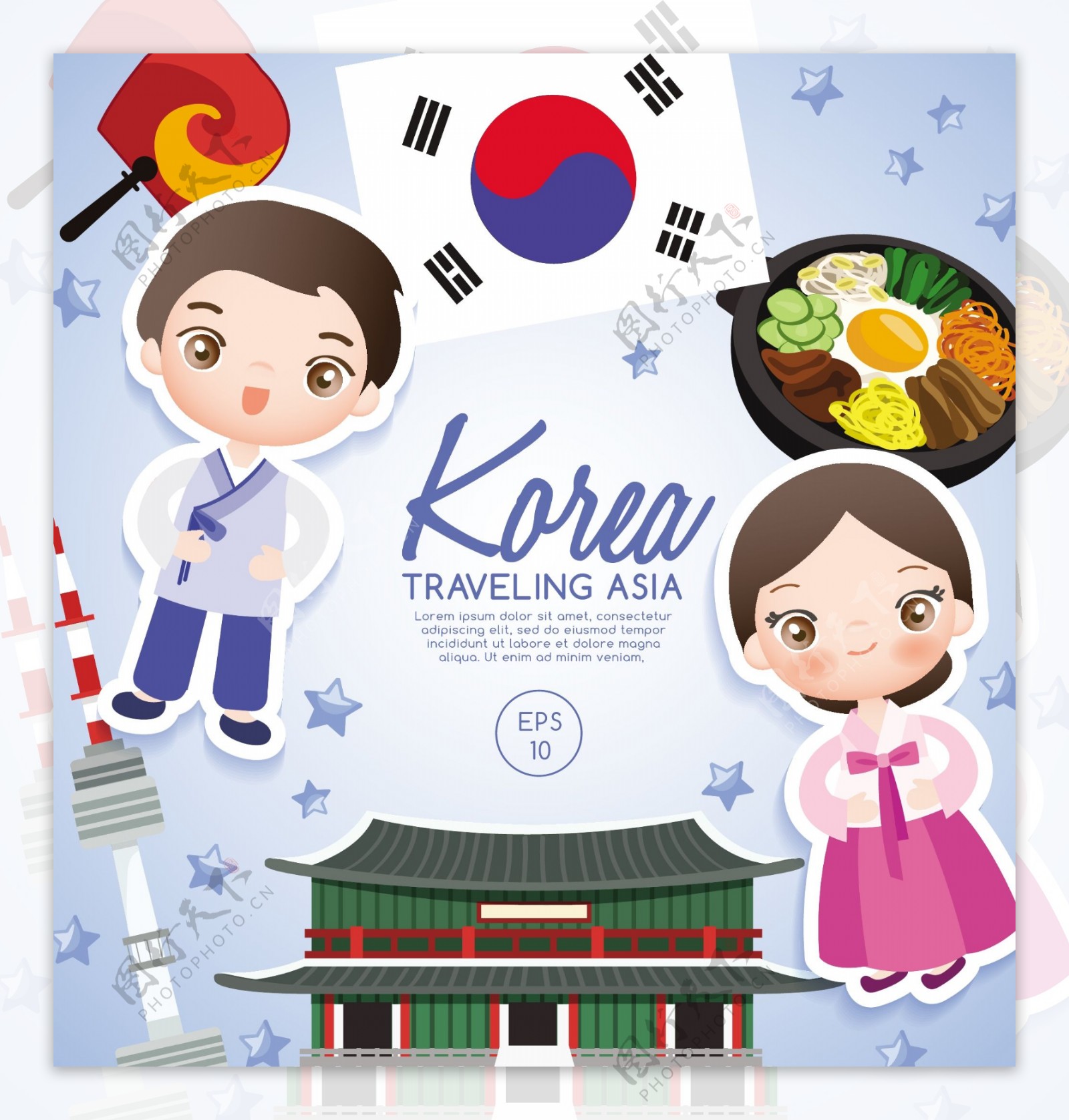 卡通韩国旅游海报矢量素材下载