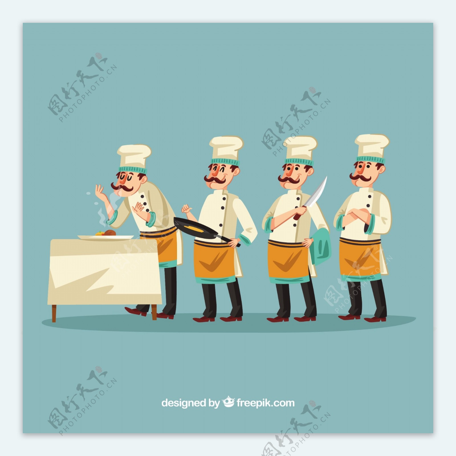一排有趣的厨师插图蓝色背景