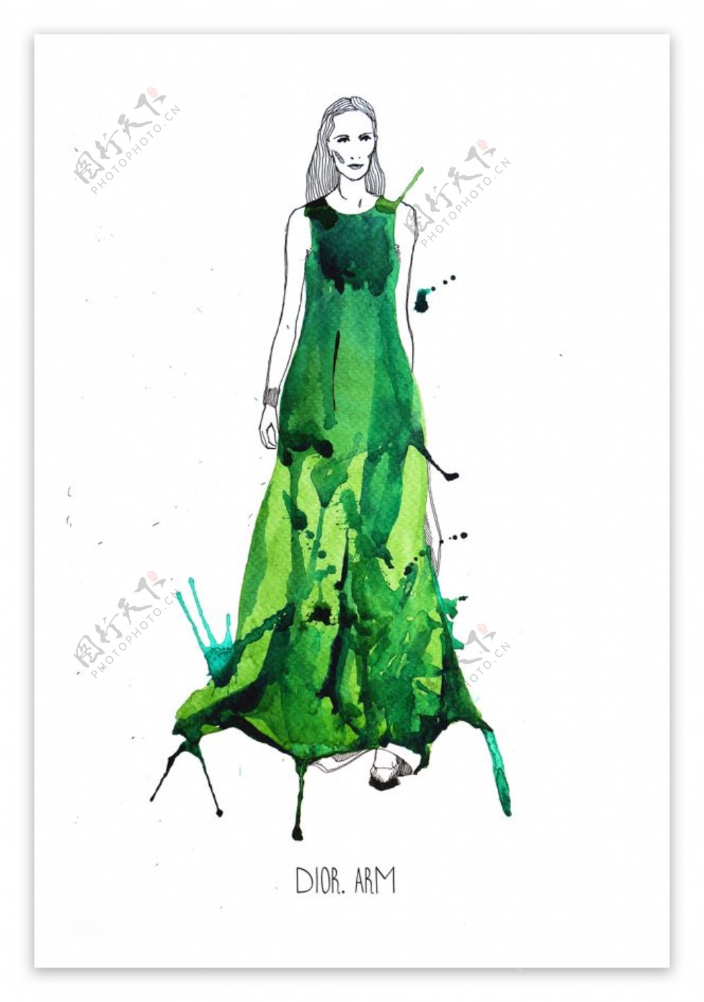 绿色水墨连衣裙设计图