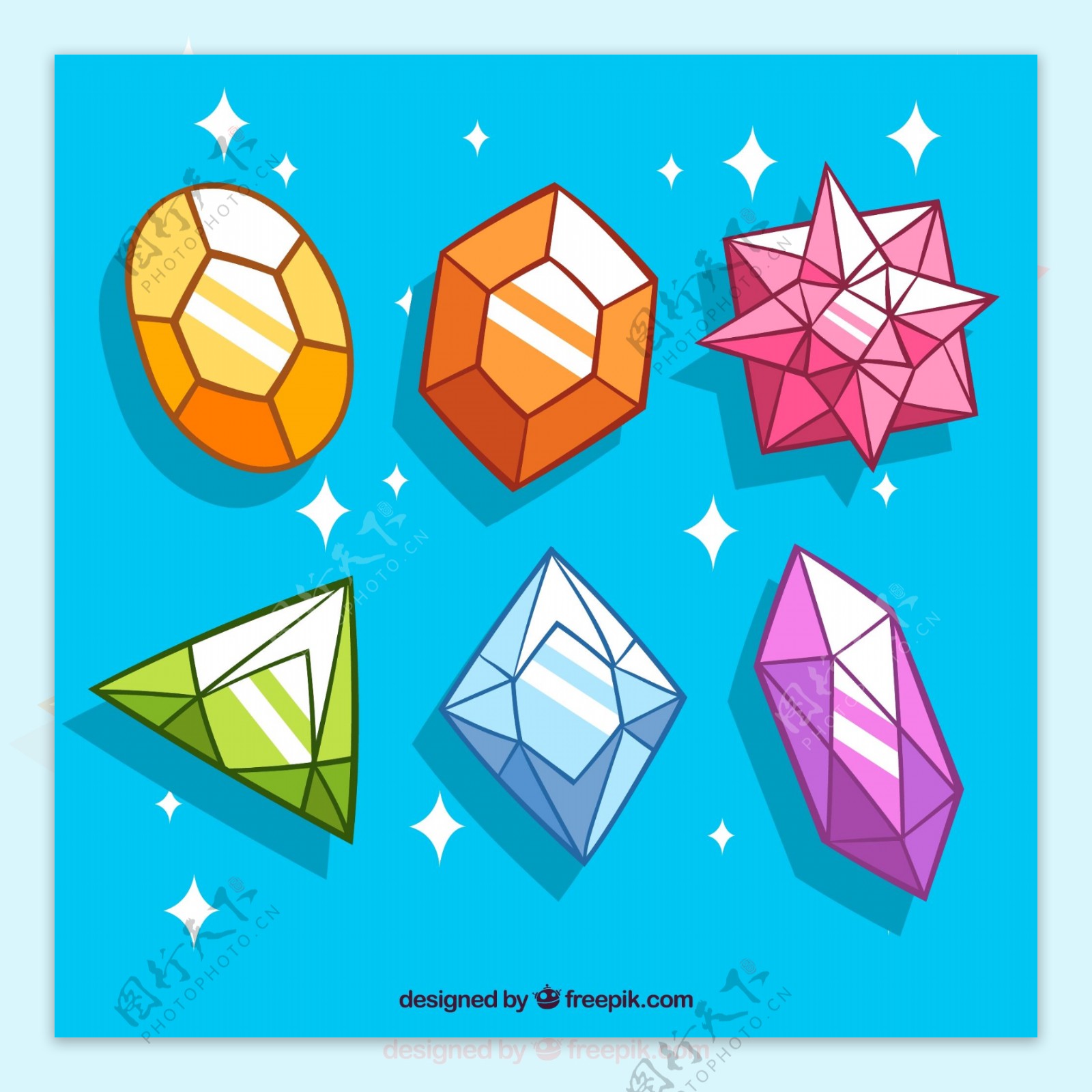 一组彩色多边形钻石
