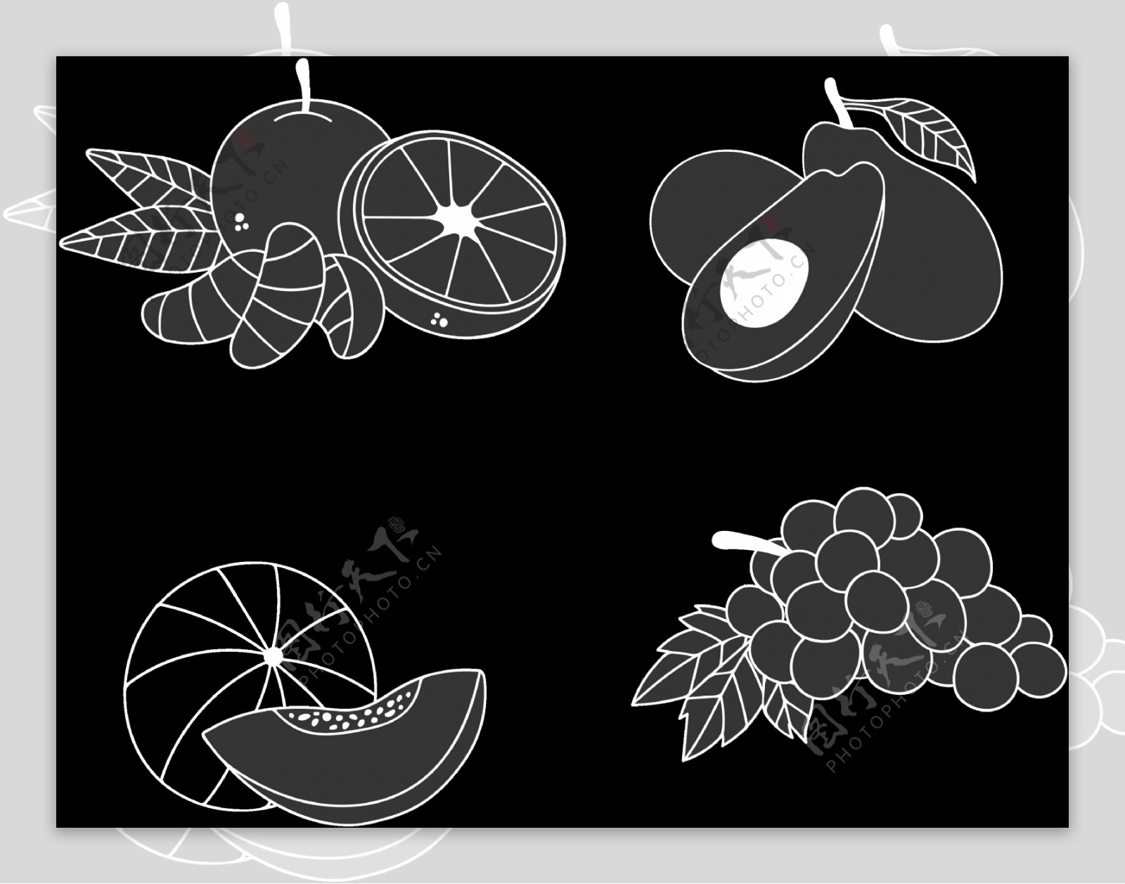 黑白水果插画图标免抠png透明图层素材