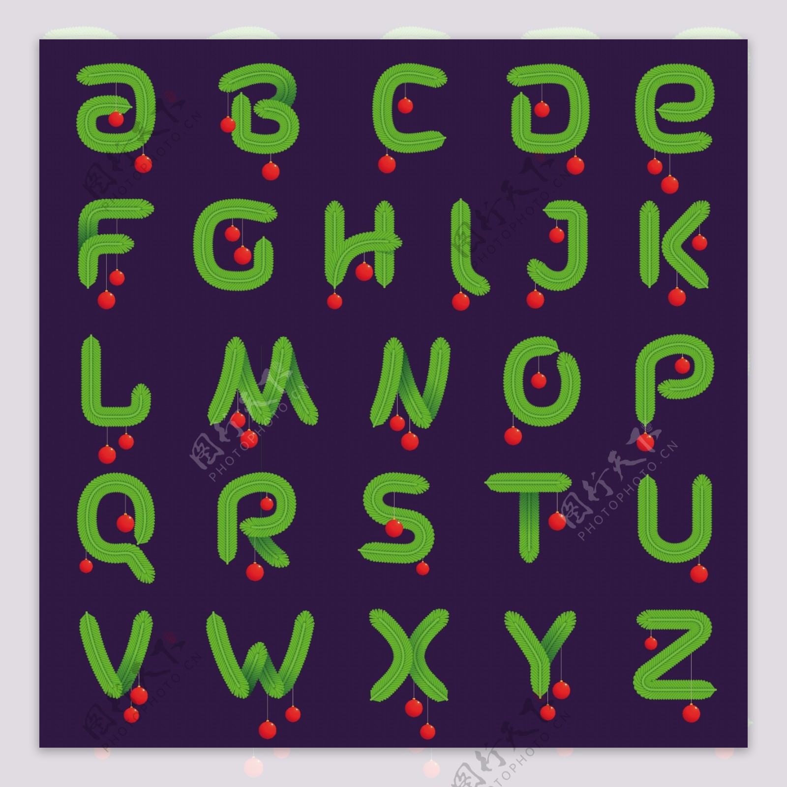 26个绿色松枝字母设计矢量素材
