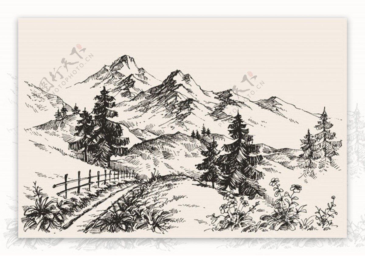 手绘山地景观素描矢量素材