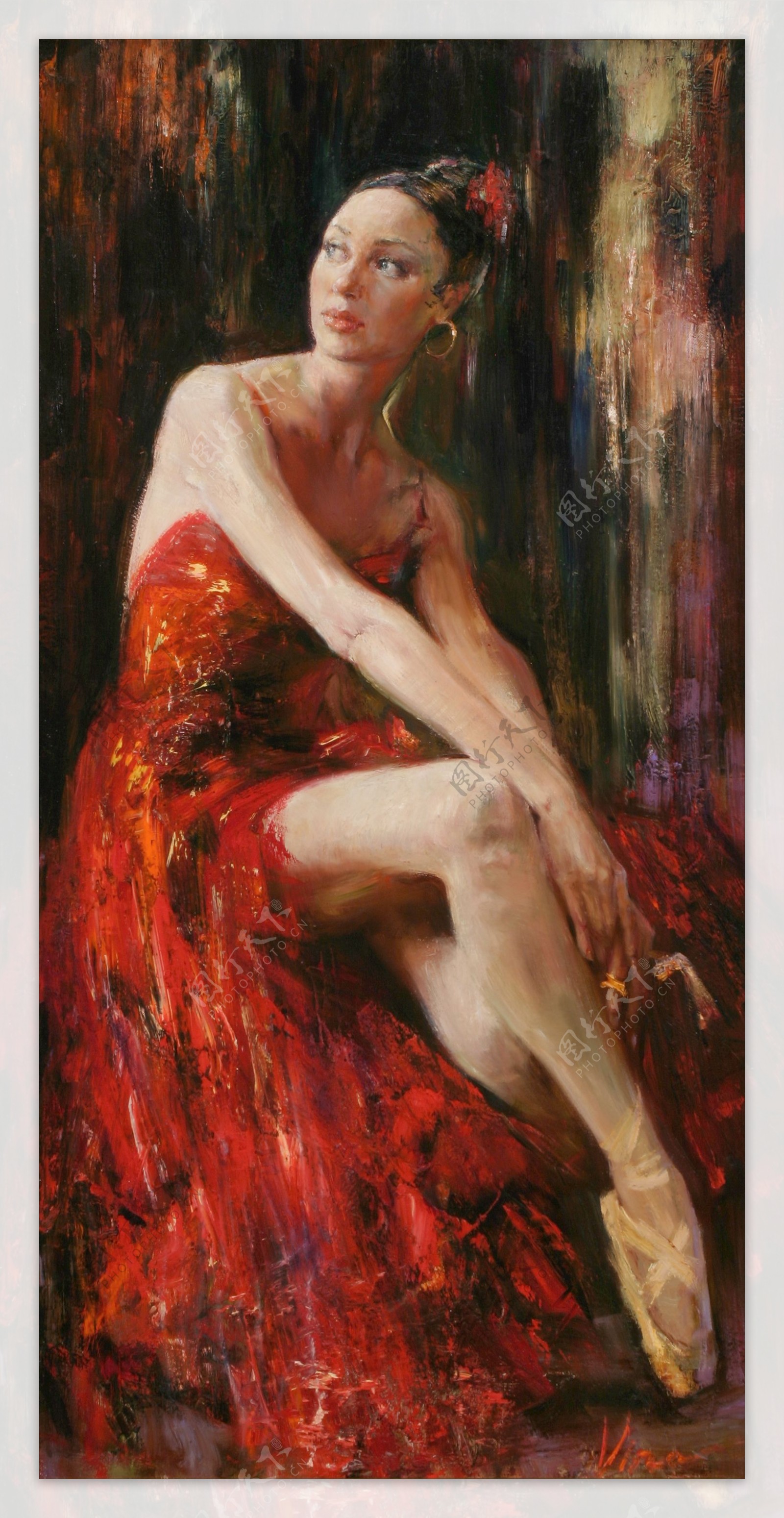 红色礼服裙的芭蕾舞演员油画图片