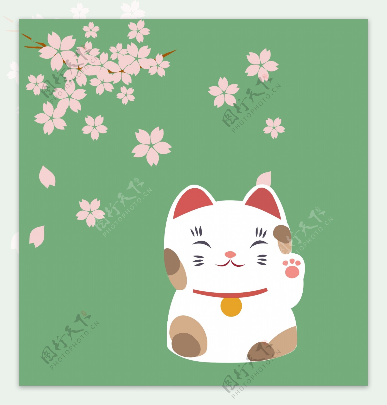樱花树下富贵猫可爱卡通招财猫咪卡通猫咪