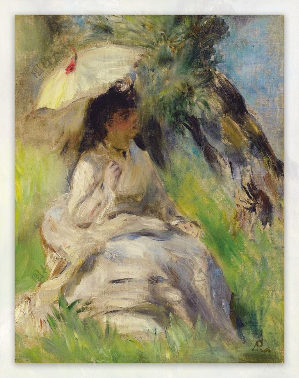 草地上打着伞的白衣女士图片