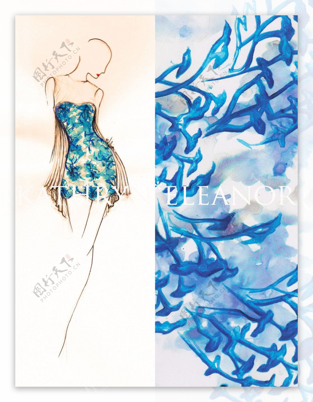 蓝色花纹抹胸紧身裙设计图