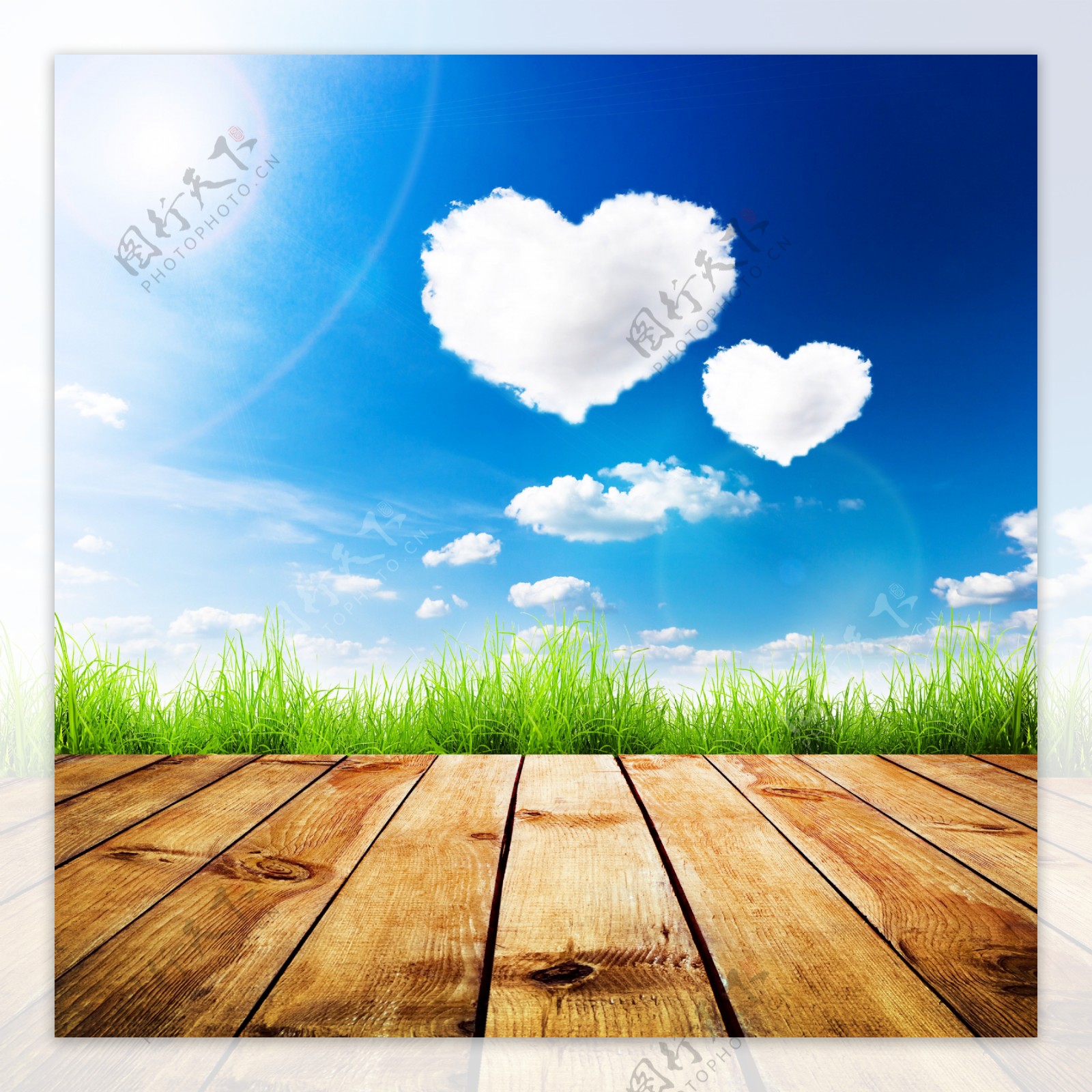 爱心白云与草地木板背景图片