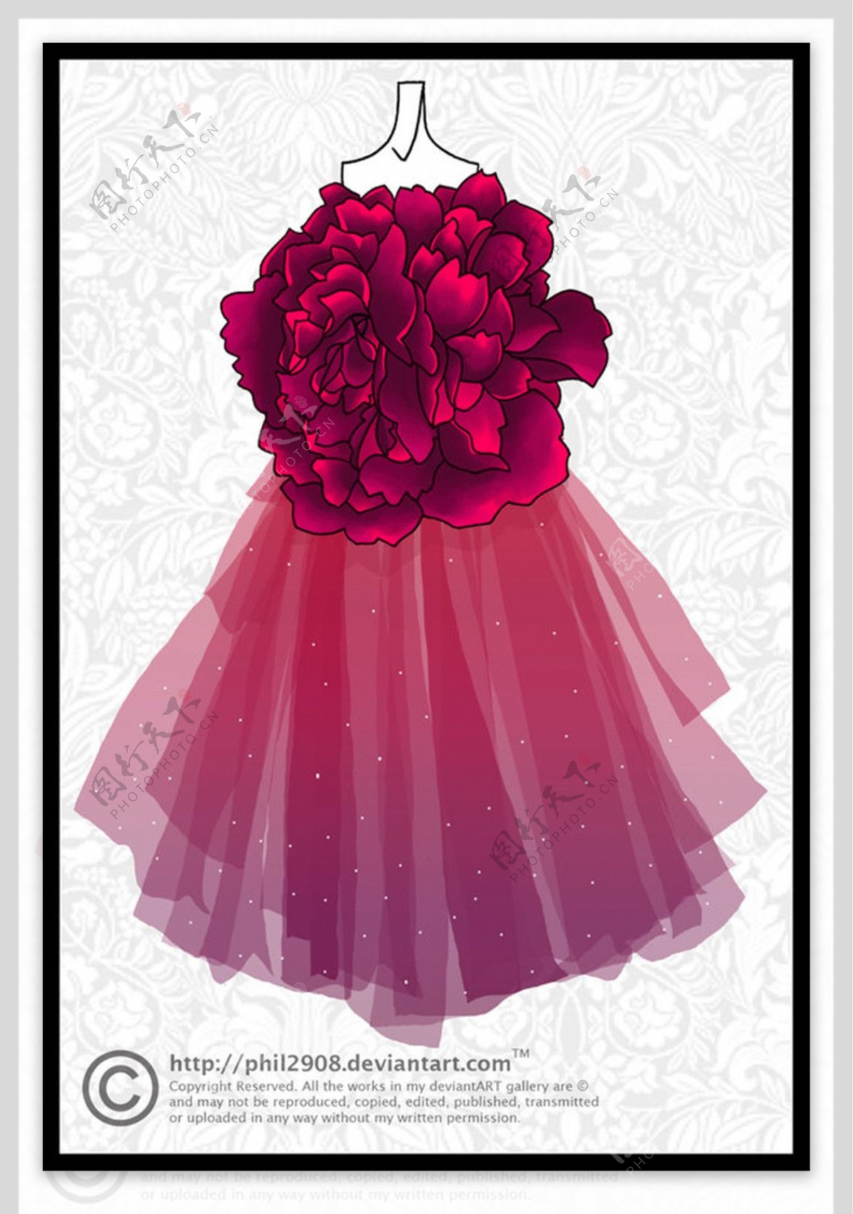 红色花朵连衣裙设计图