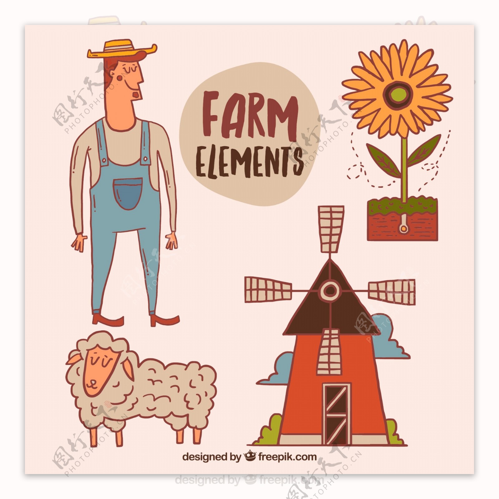 农夫和三个卡通农场元素矢量素材