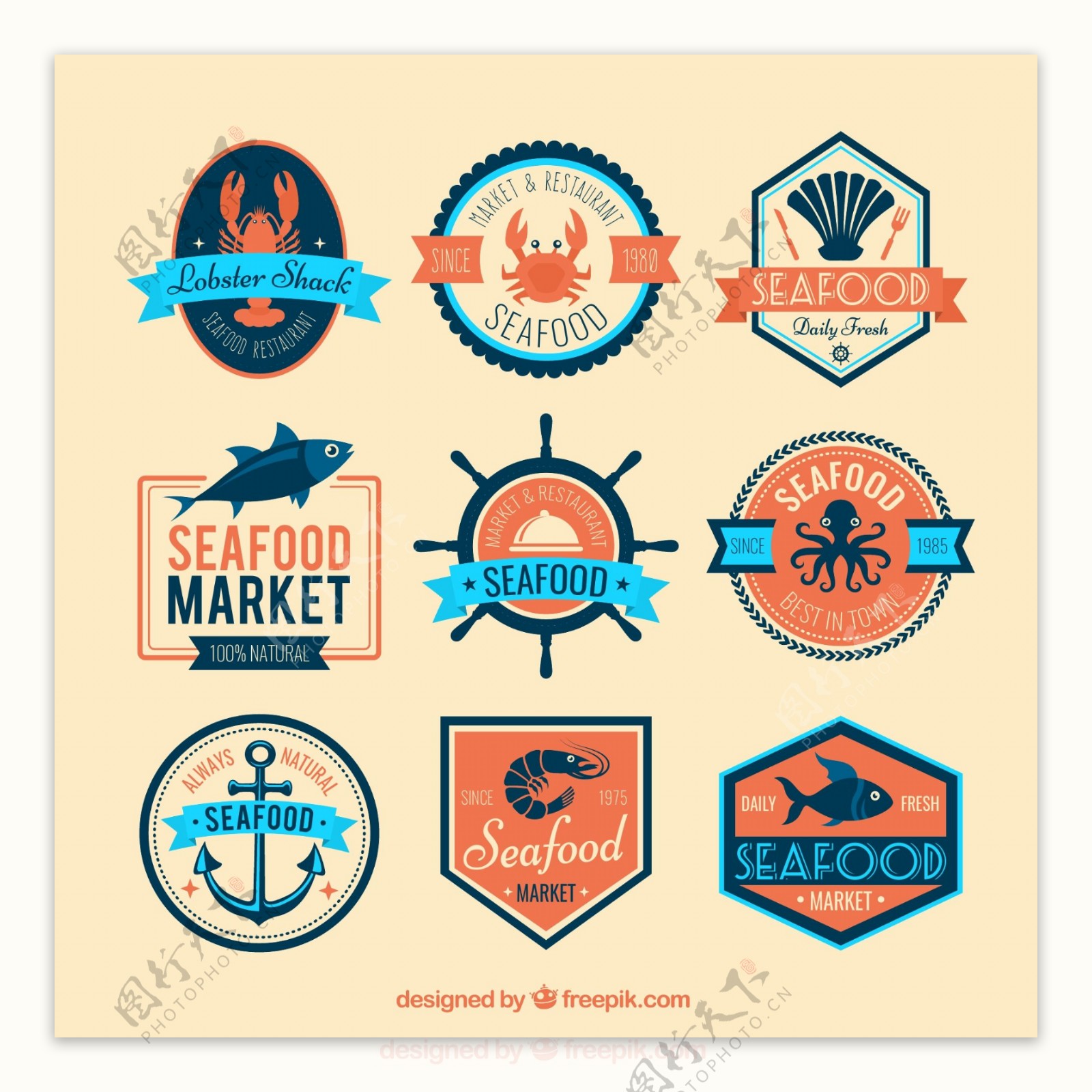 9款创意海鲜市场标签矢量素材