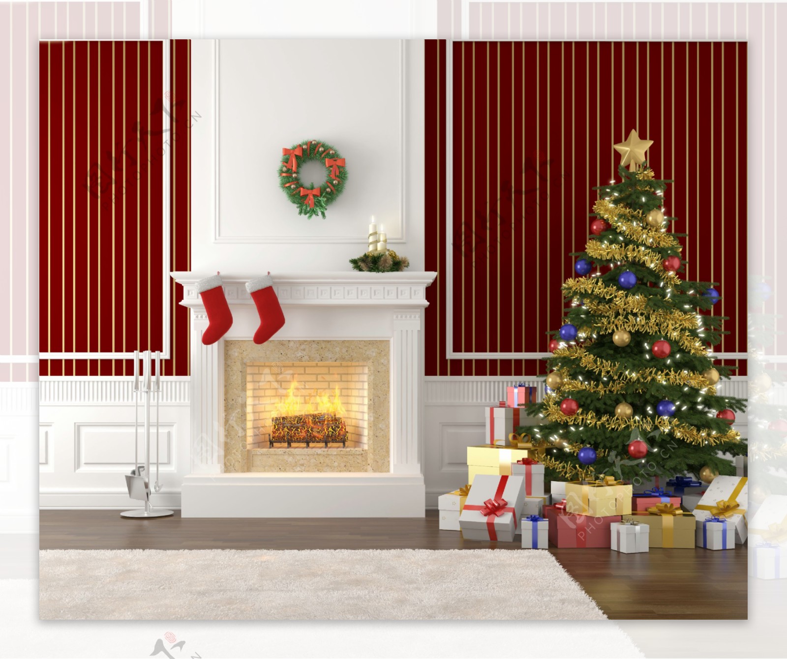 壁炉挂毯和圣诞树