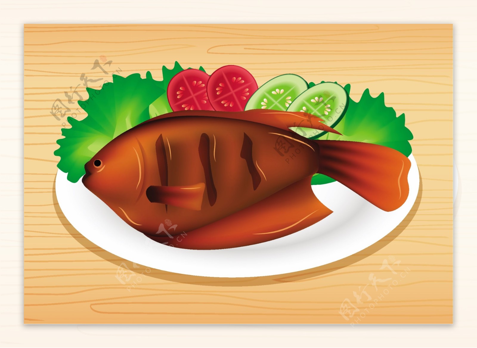 扁平化烤鱼美食插画
