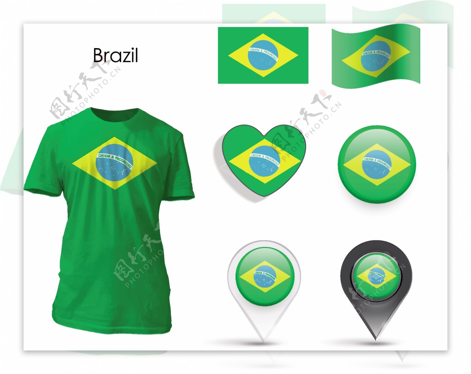 巴西国旗图案t恤模板矢量素材