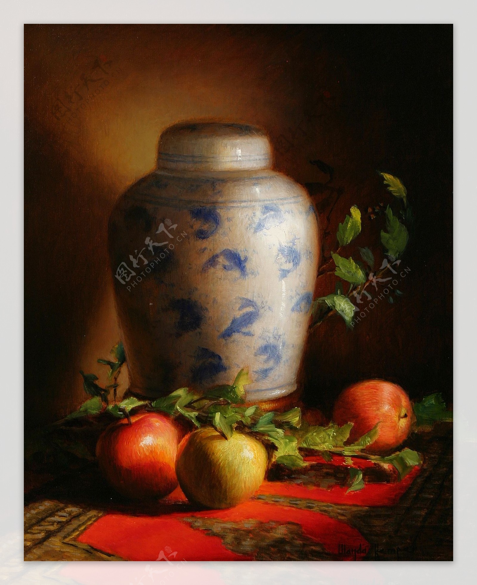 青花瓷苹果静物油画图片