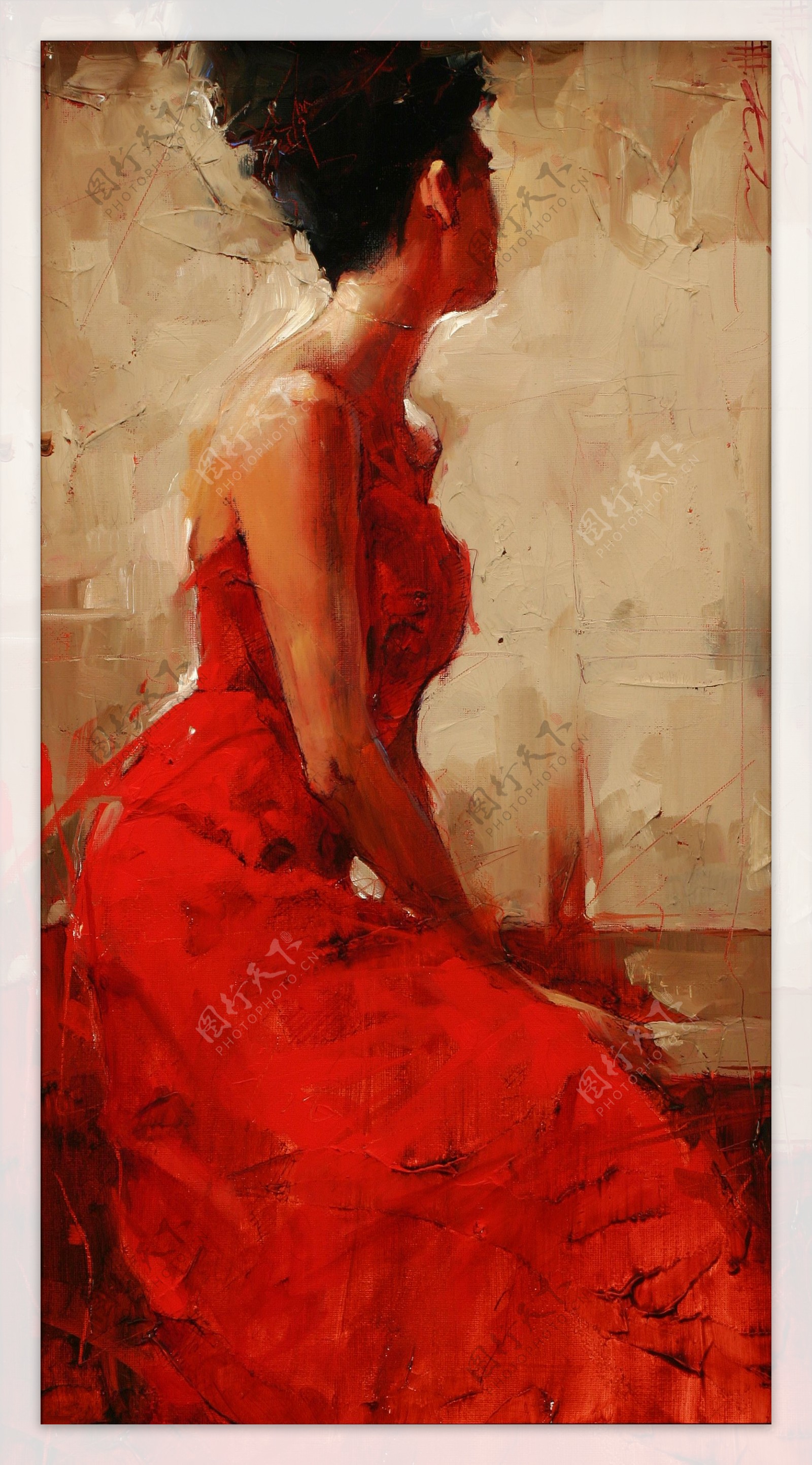 坐着的红裙美女油画图片