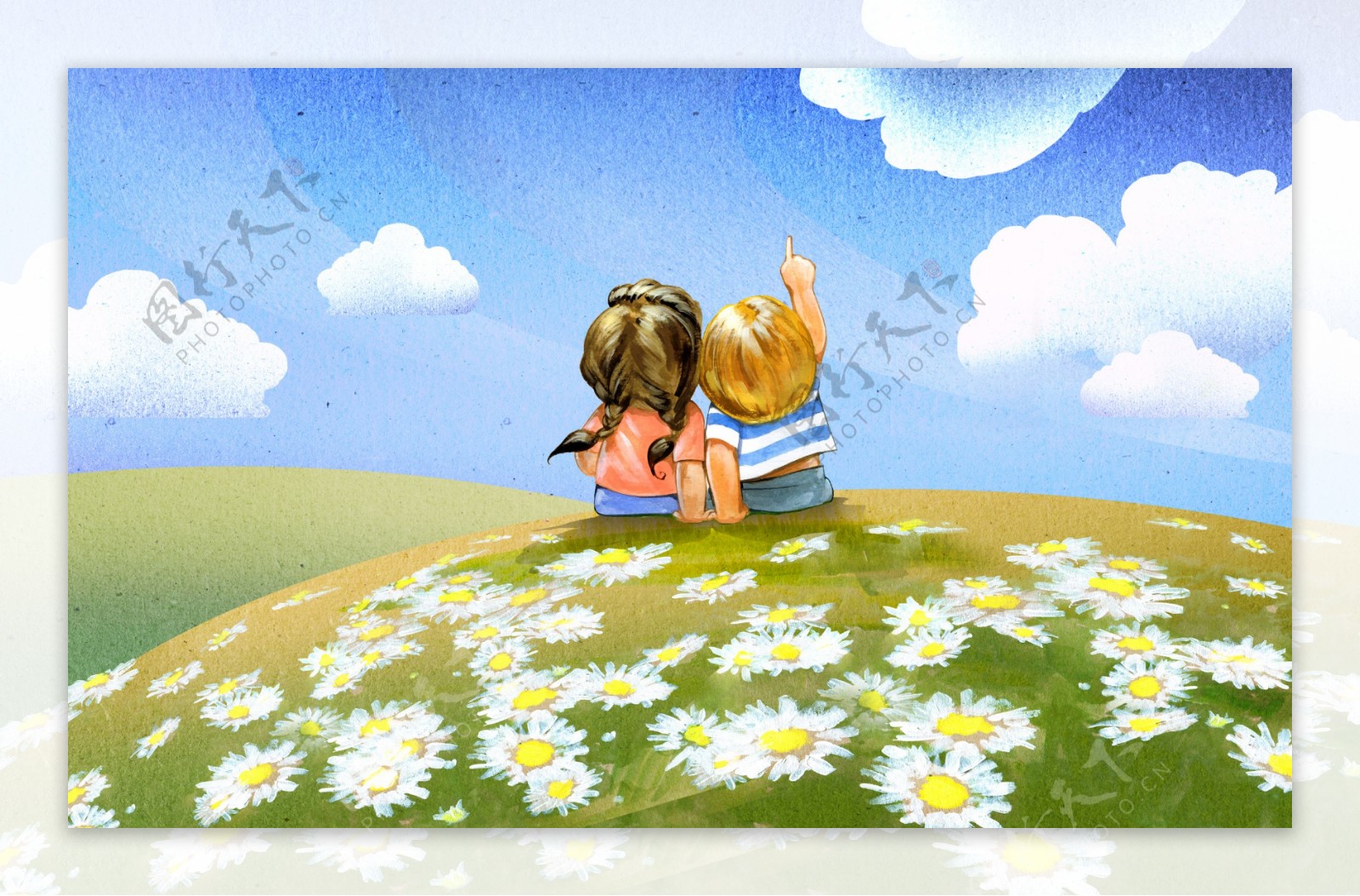 坐在草原上的卡通儿童图片