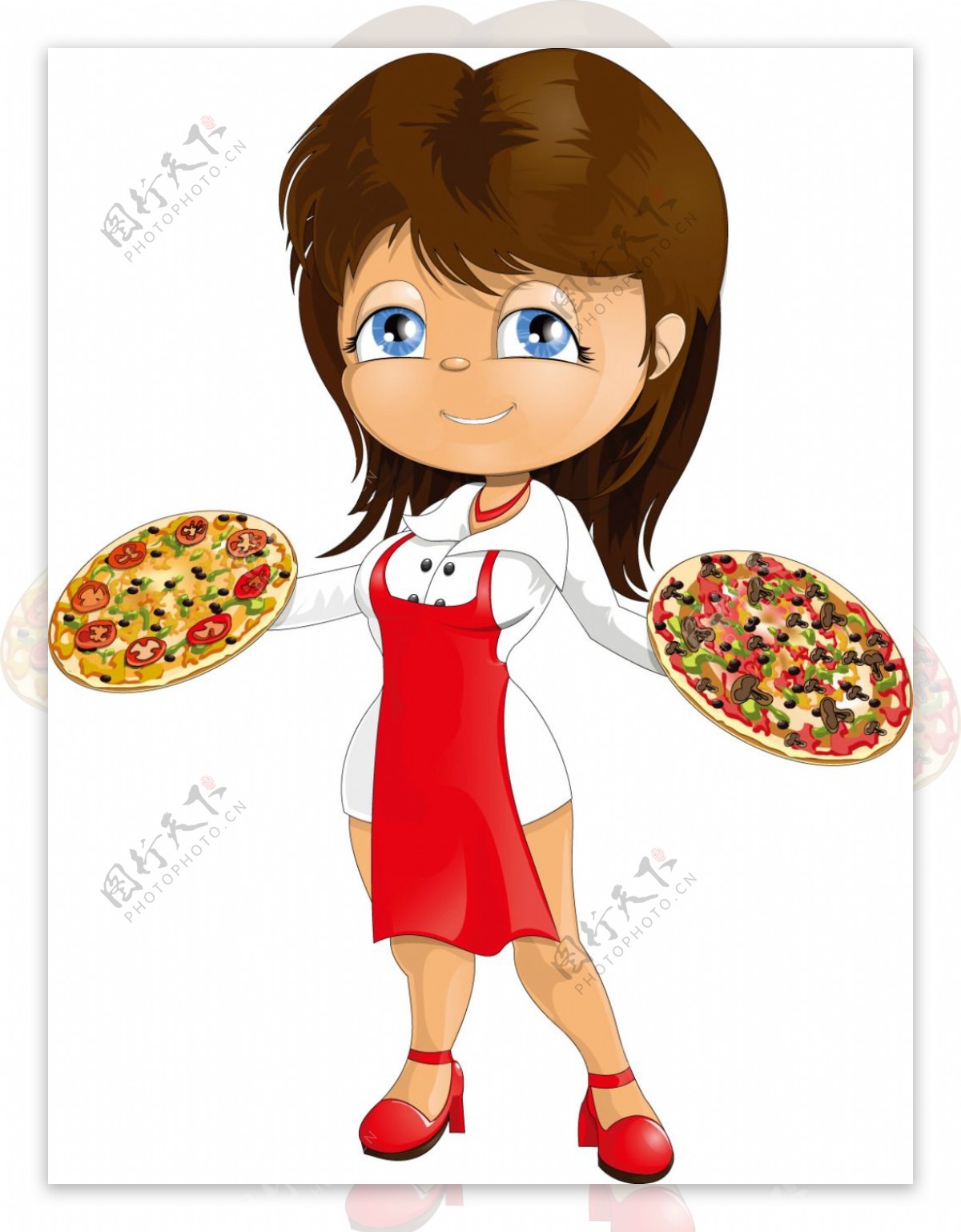 手拿披萨的卡通厨师美女