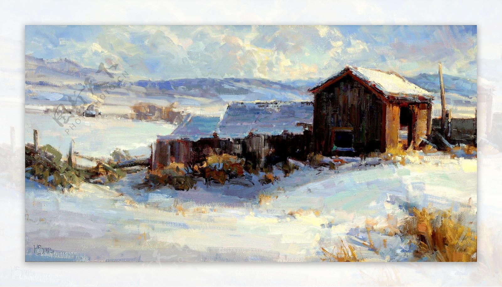 冬天雪地小木屋风景油画图片