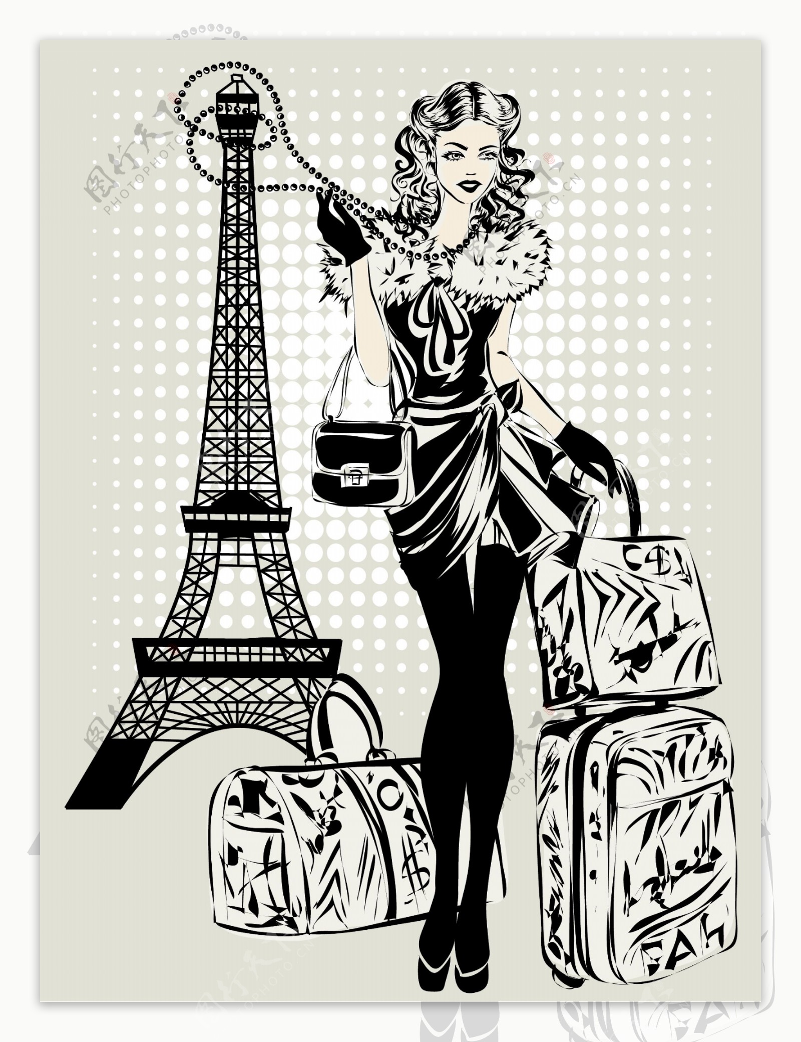 巴黎旅游的时尚女性插画