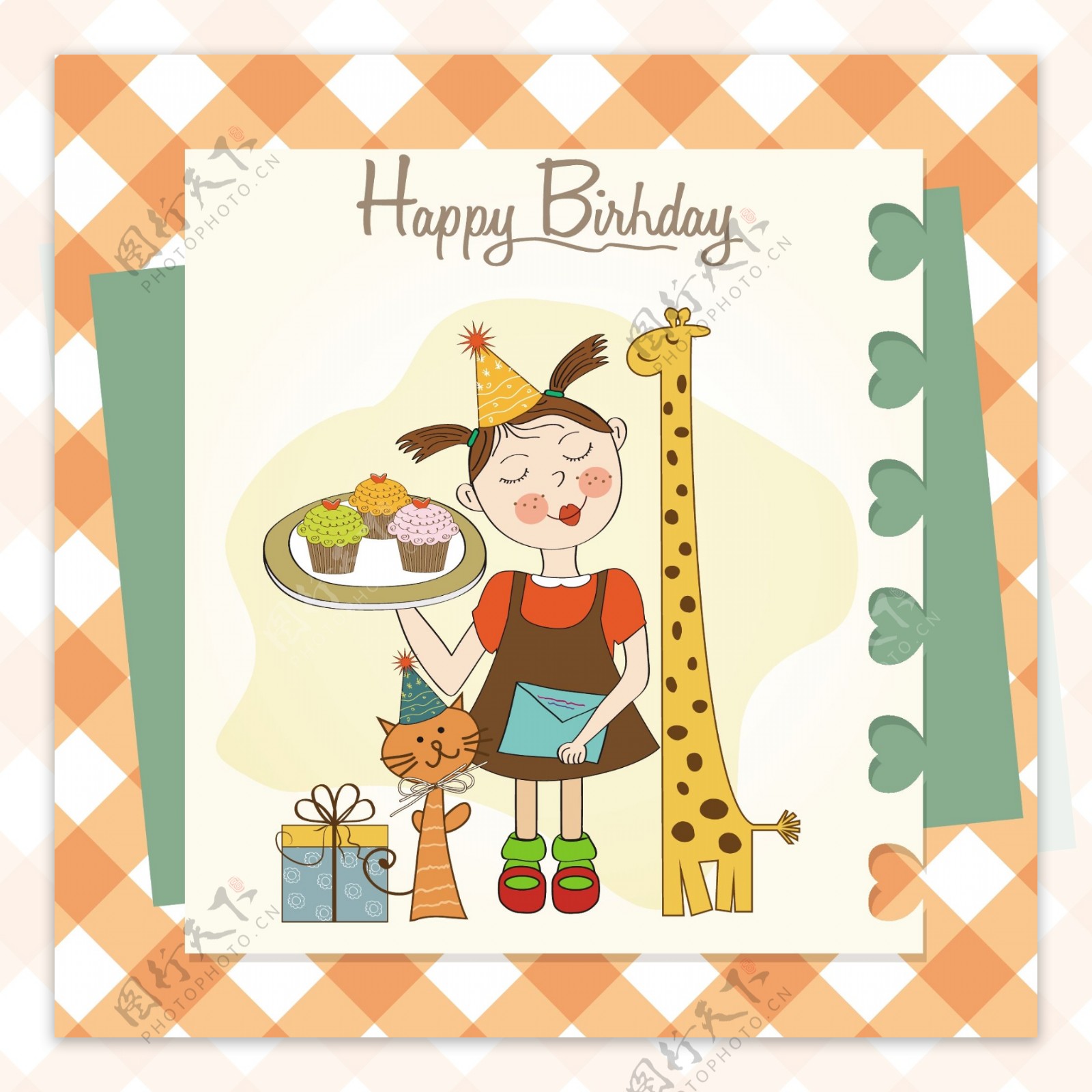 可爱的女孩与动物的生日卡片