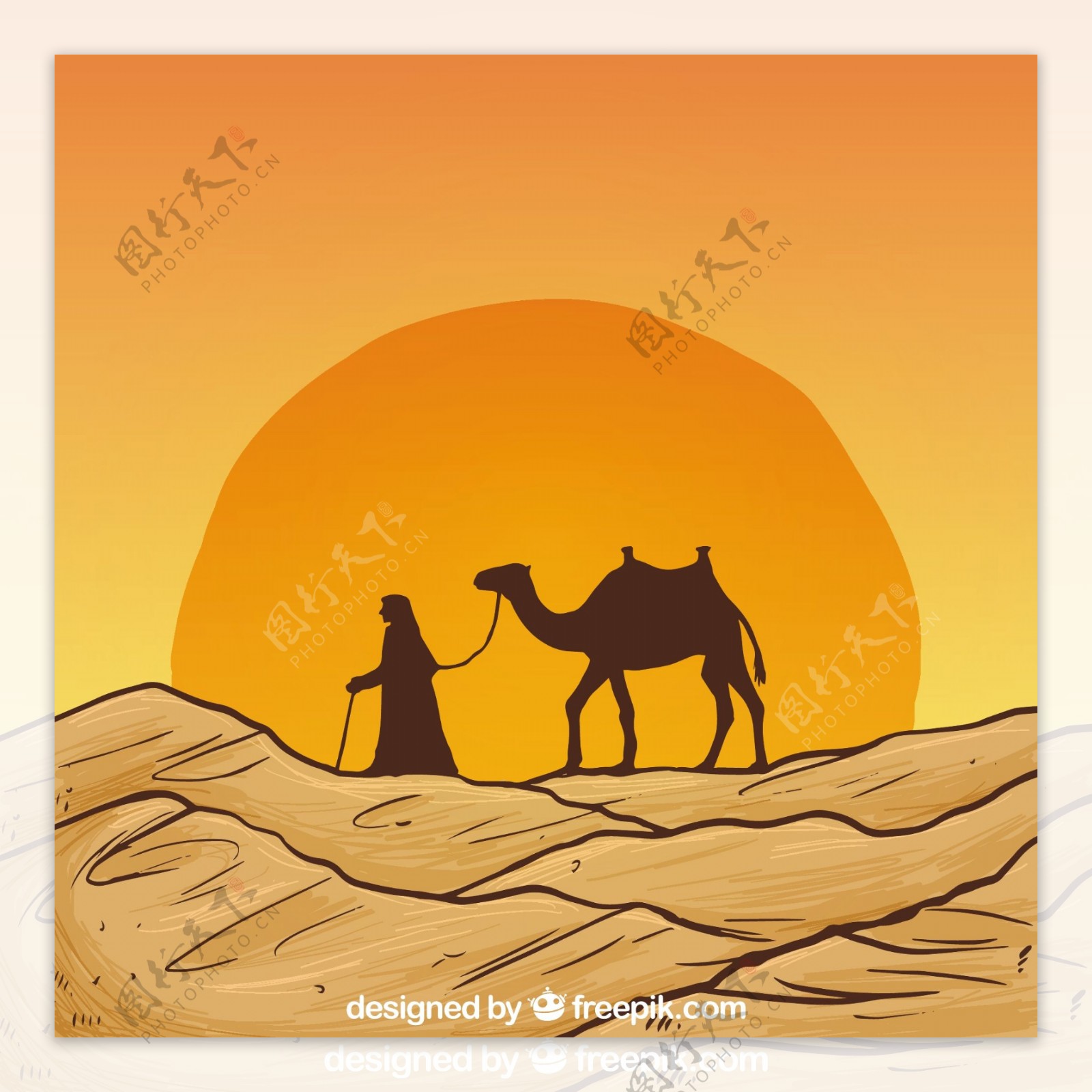 用骆驼剪影手绘沙漠景观