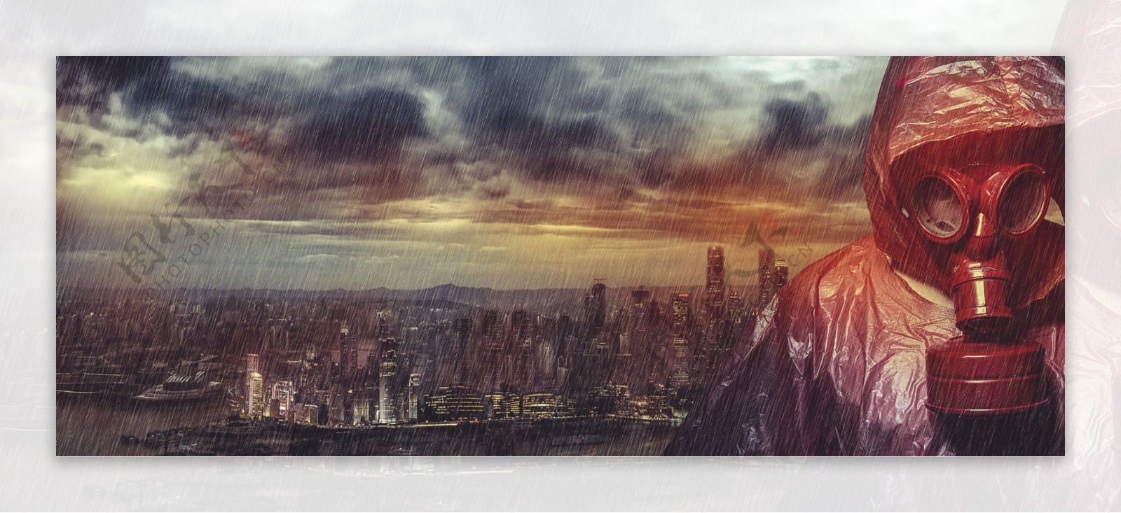 戴防毒面罩的人与重庆夜景图片