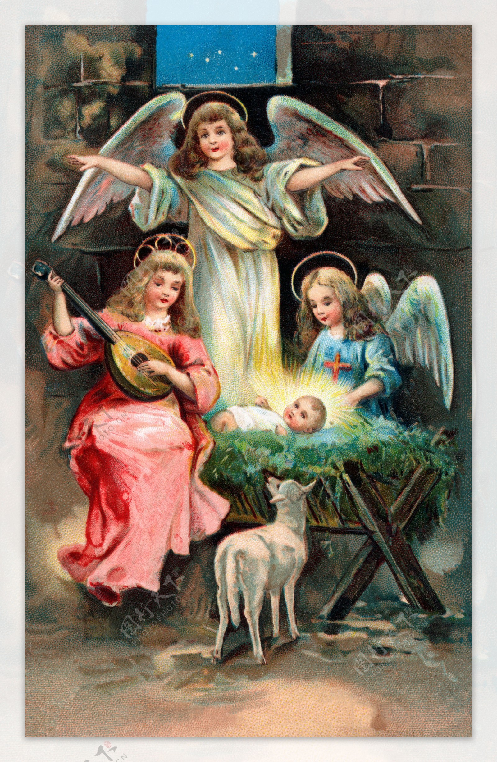 复古天使与婴儿插图图片
