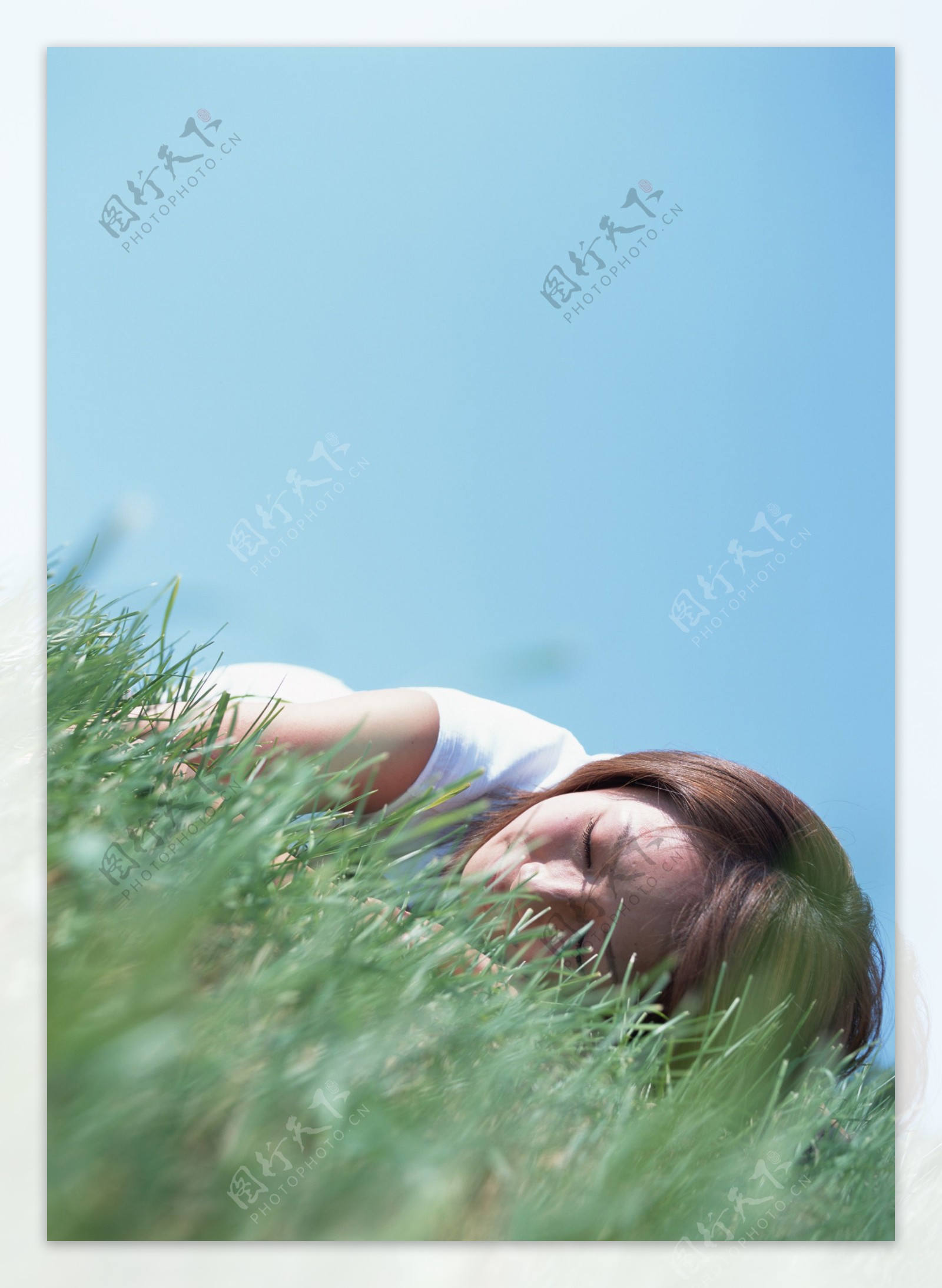 趴在草地上睡觉的美女图片