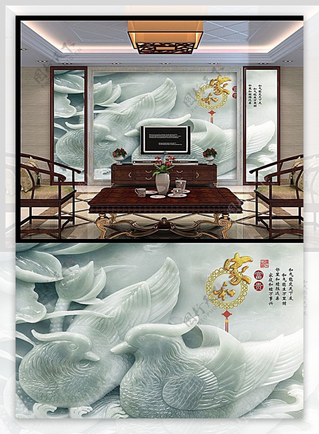 牡丹凤凰玉雕背景墙图片素材-编号25150162-图行天下