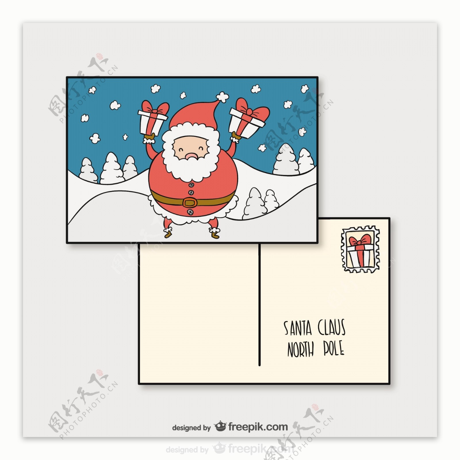 圣诞明信片模板与圣克劳斯