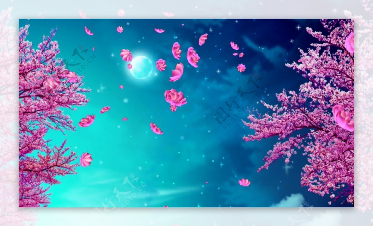 粉色花卉树木蓝色视频背景