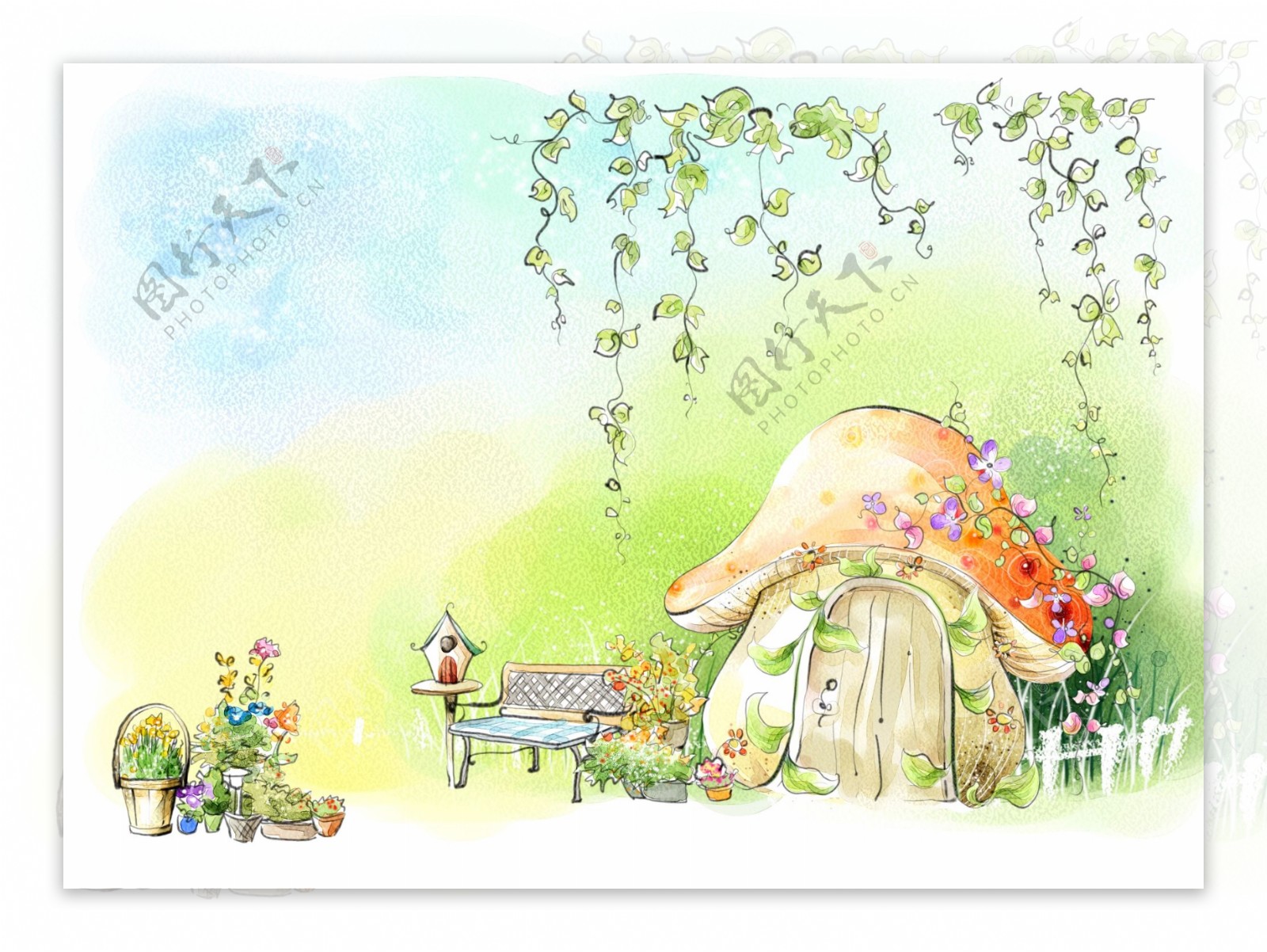 蘑菇小屋童话风景插画