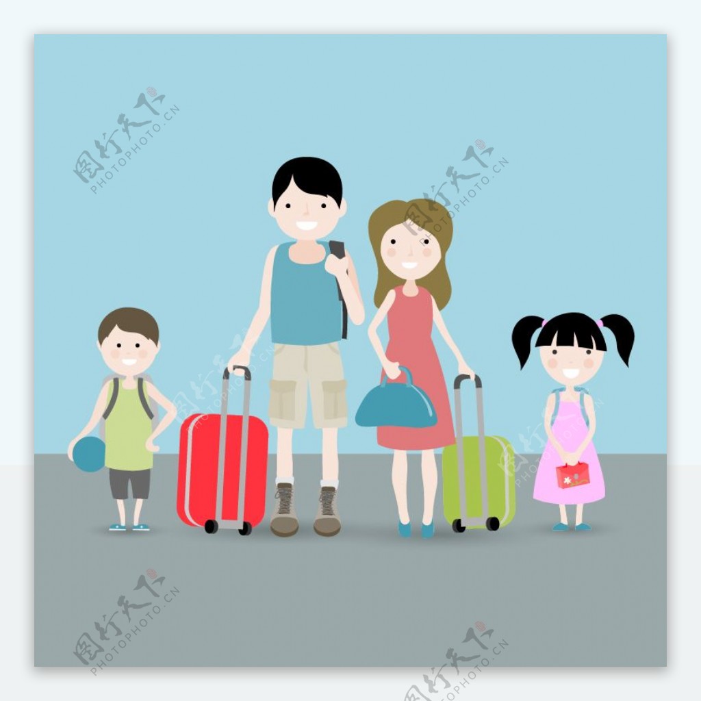 家庭人物与旅行行李箱