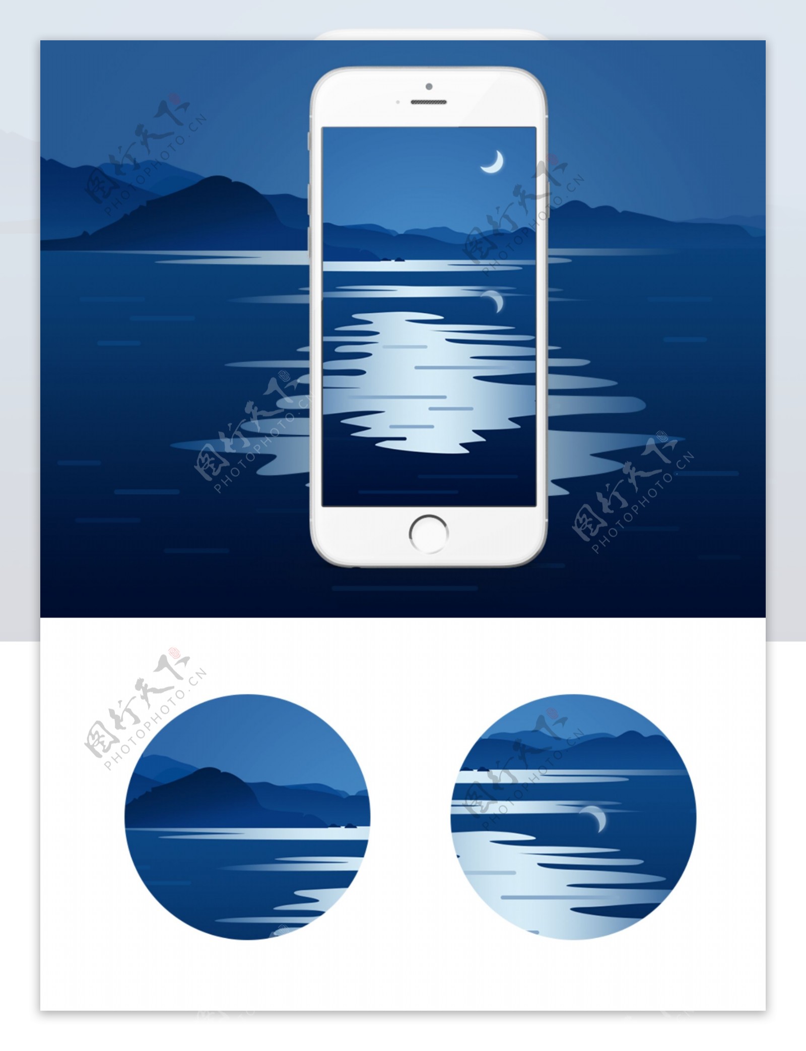 海上明月远山蔚蓝色深邃的海面场景插画