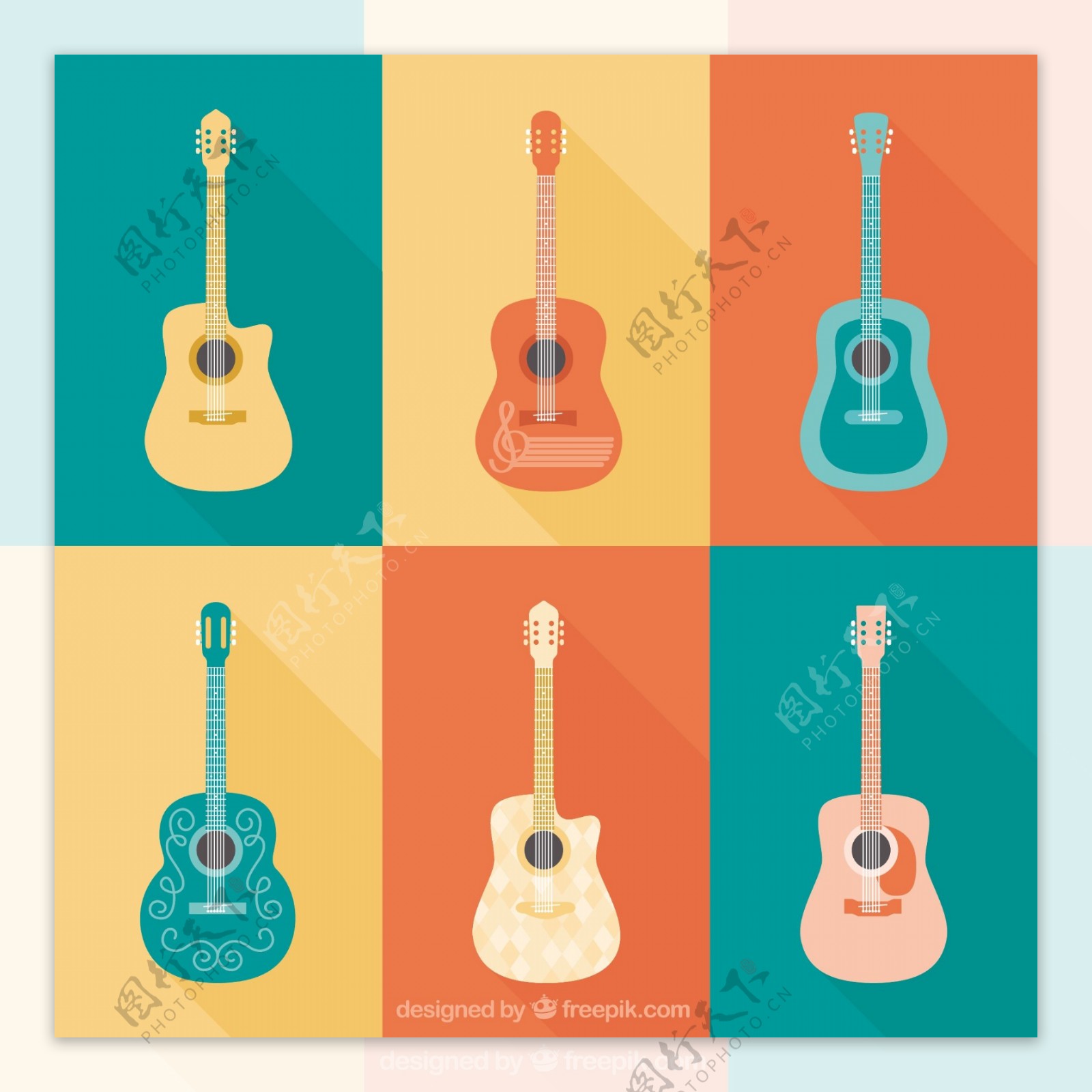 六种手绘扁平风格电吉他矢量素材