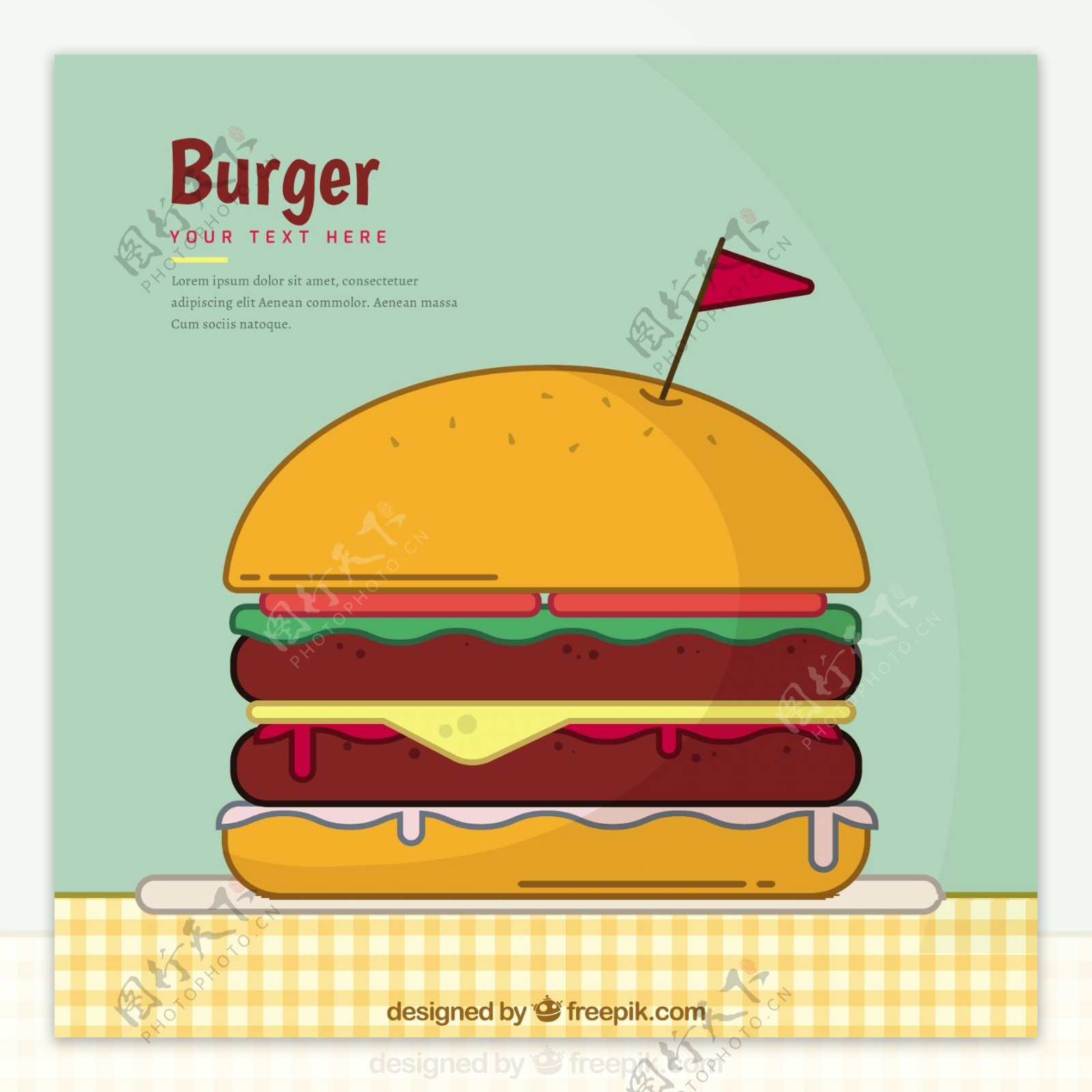 手绘美味双层汉堡插画绿色背景