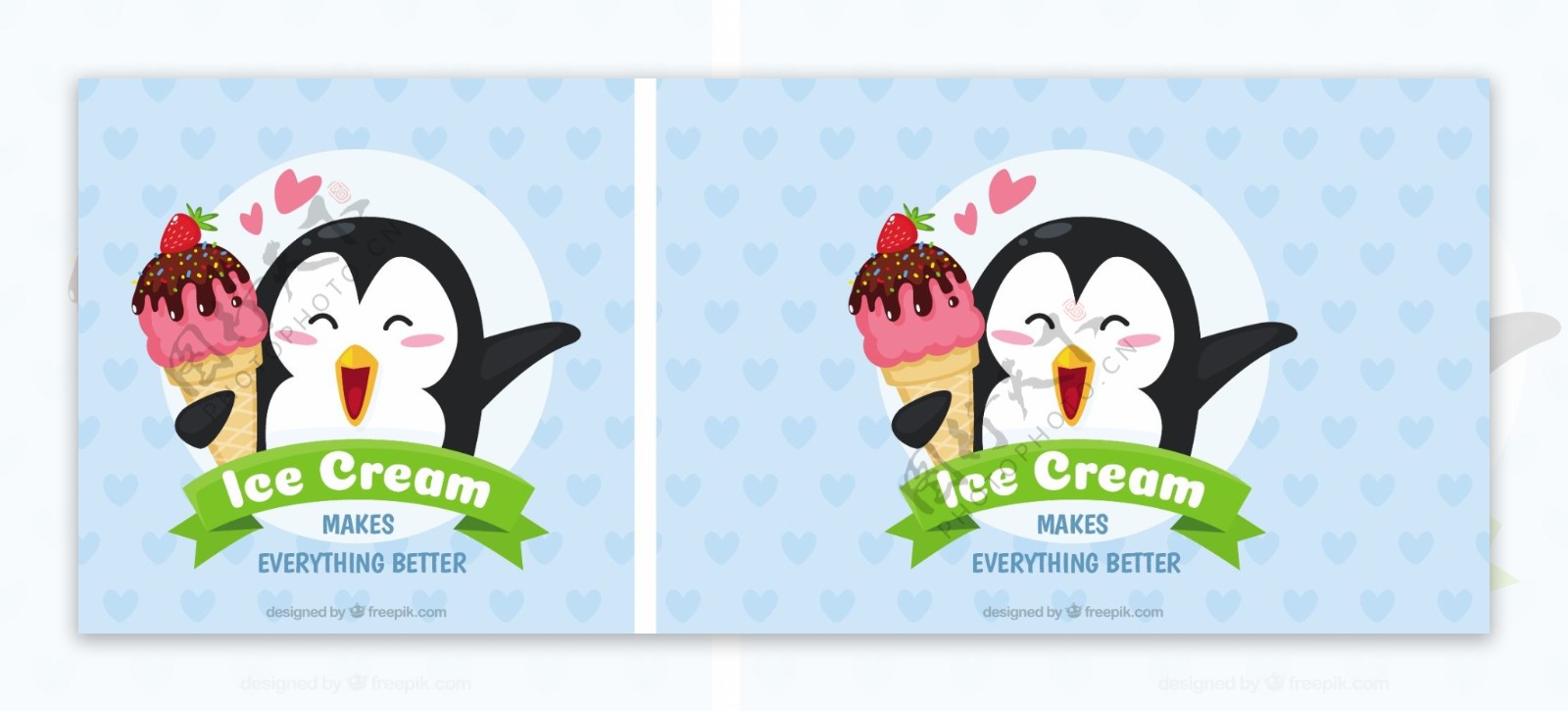 冰淇淋和可爱的企鹅蓝色背景