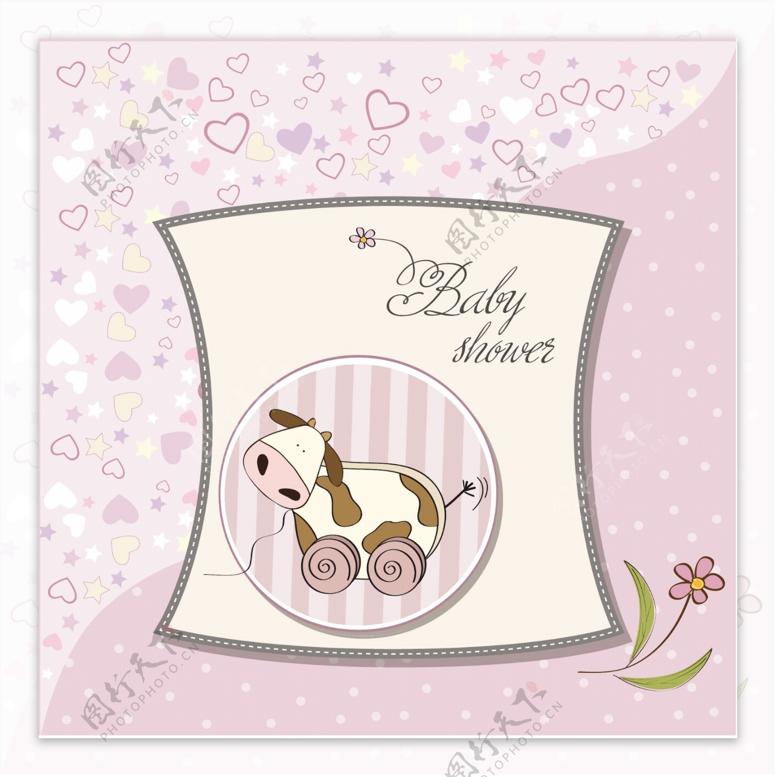 婴儿淋浴卡与可爱的奶牛玩具