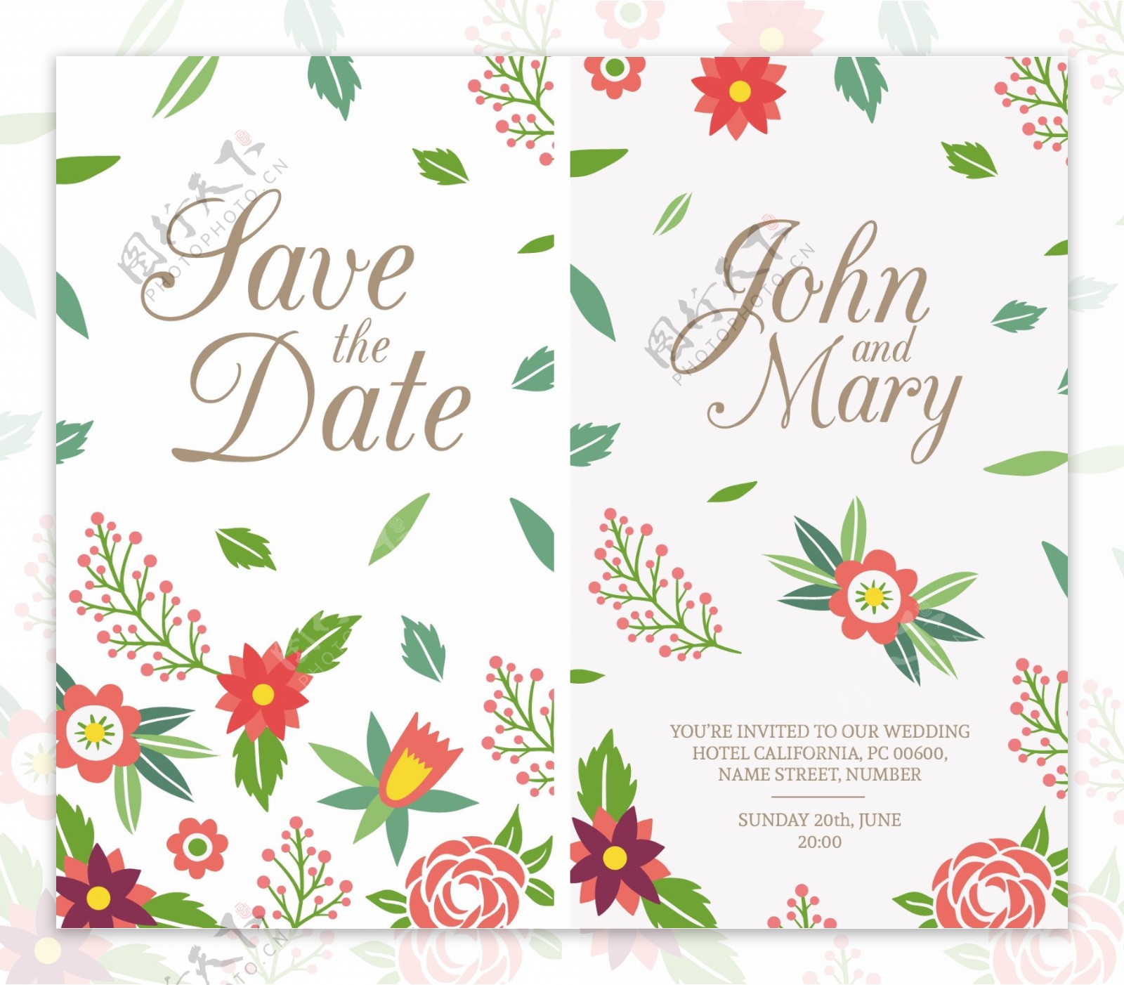 带有叶子和花朵细节的婚礼卡片