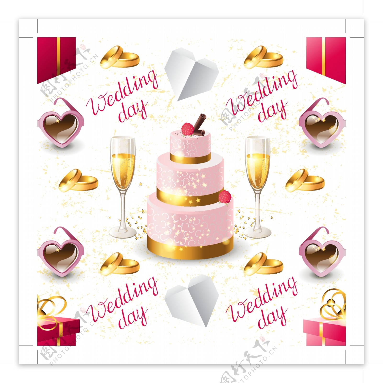 婚礼香槟与蛋糕无缝背景矢量素材