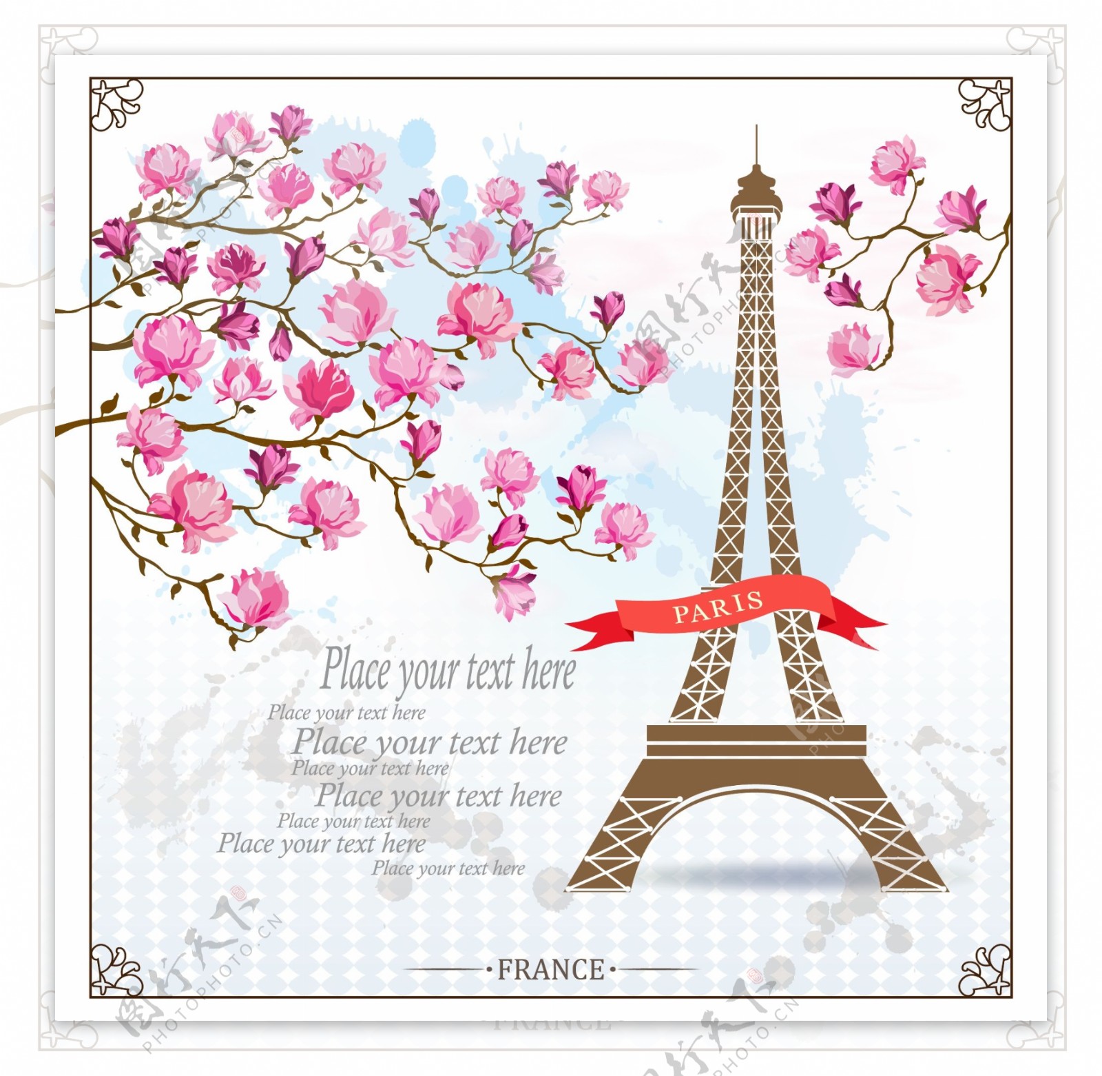紫玉兰和巴黎铁塔矢量素材