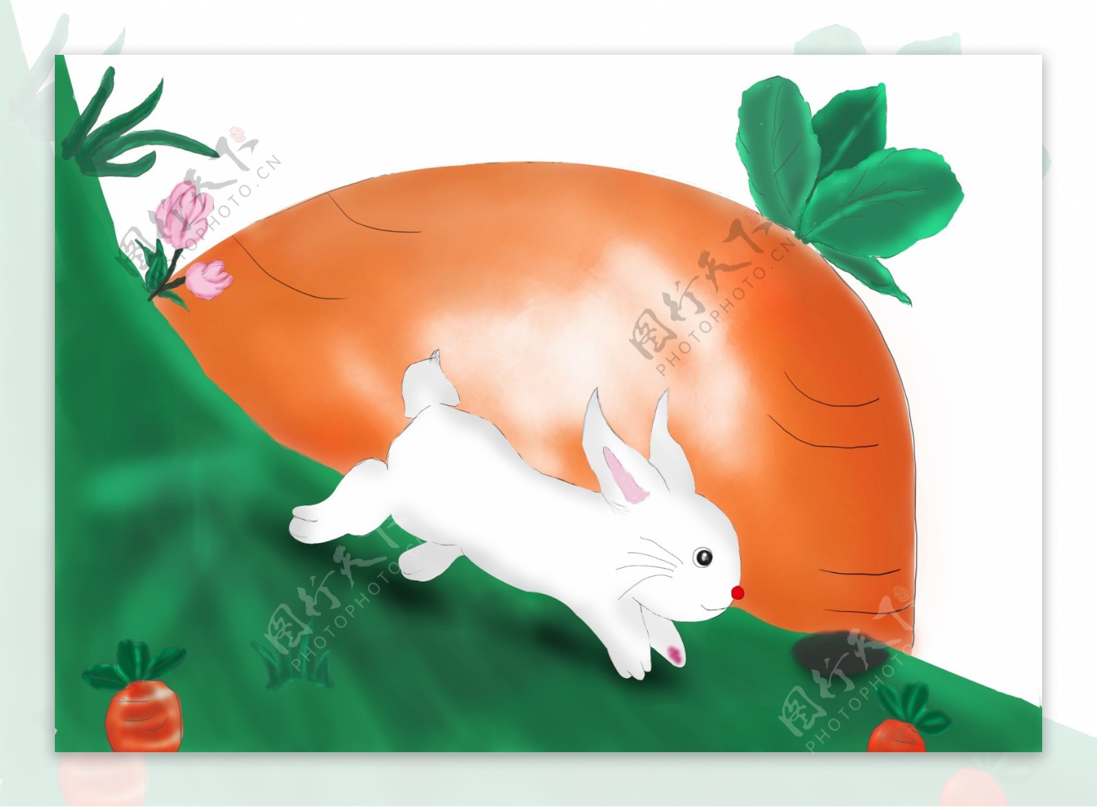 手绘兔子儿童画兔子萝卜