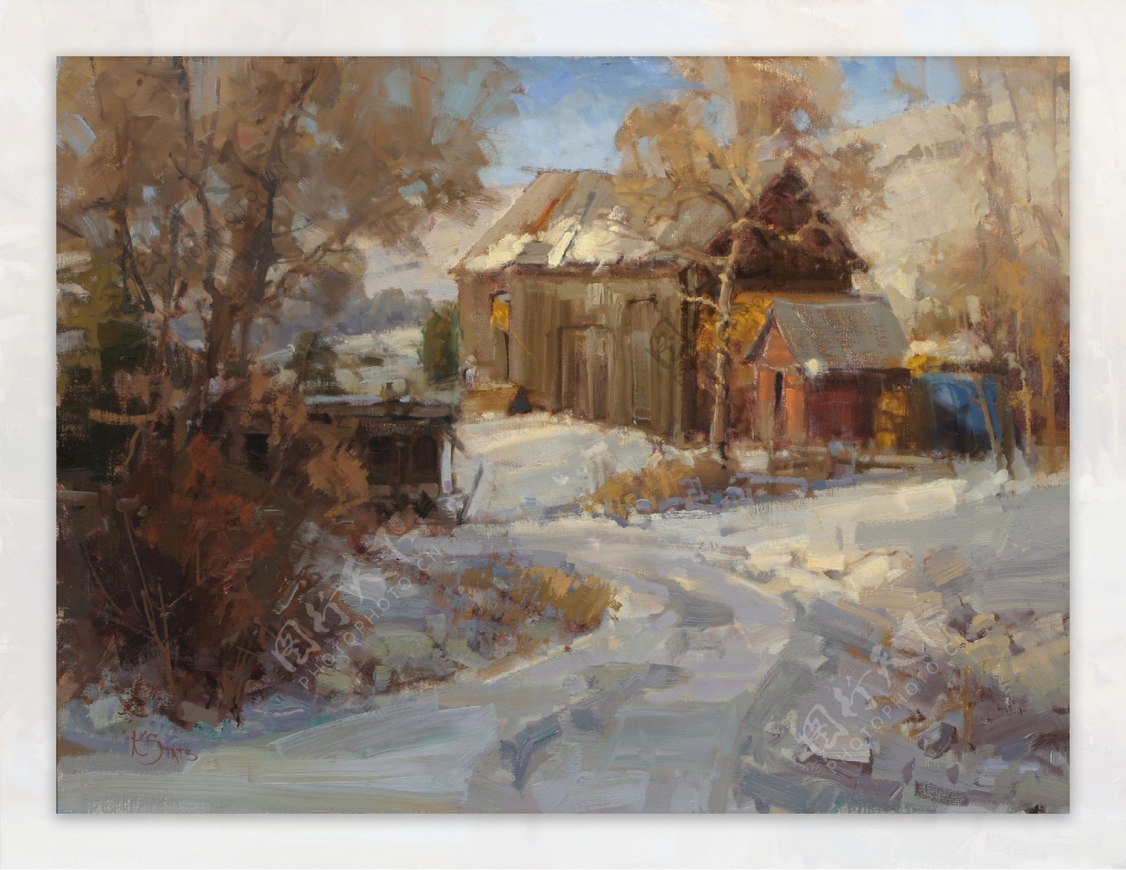 冬天雪地木屋风景油画图片