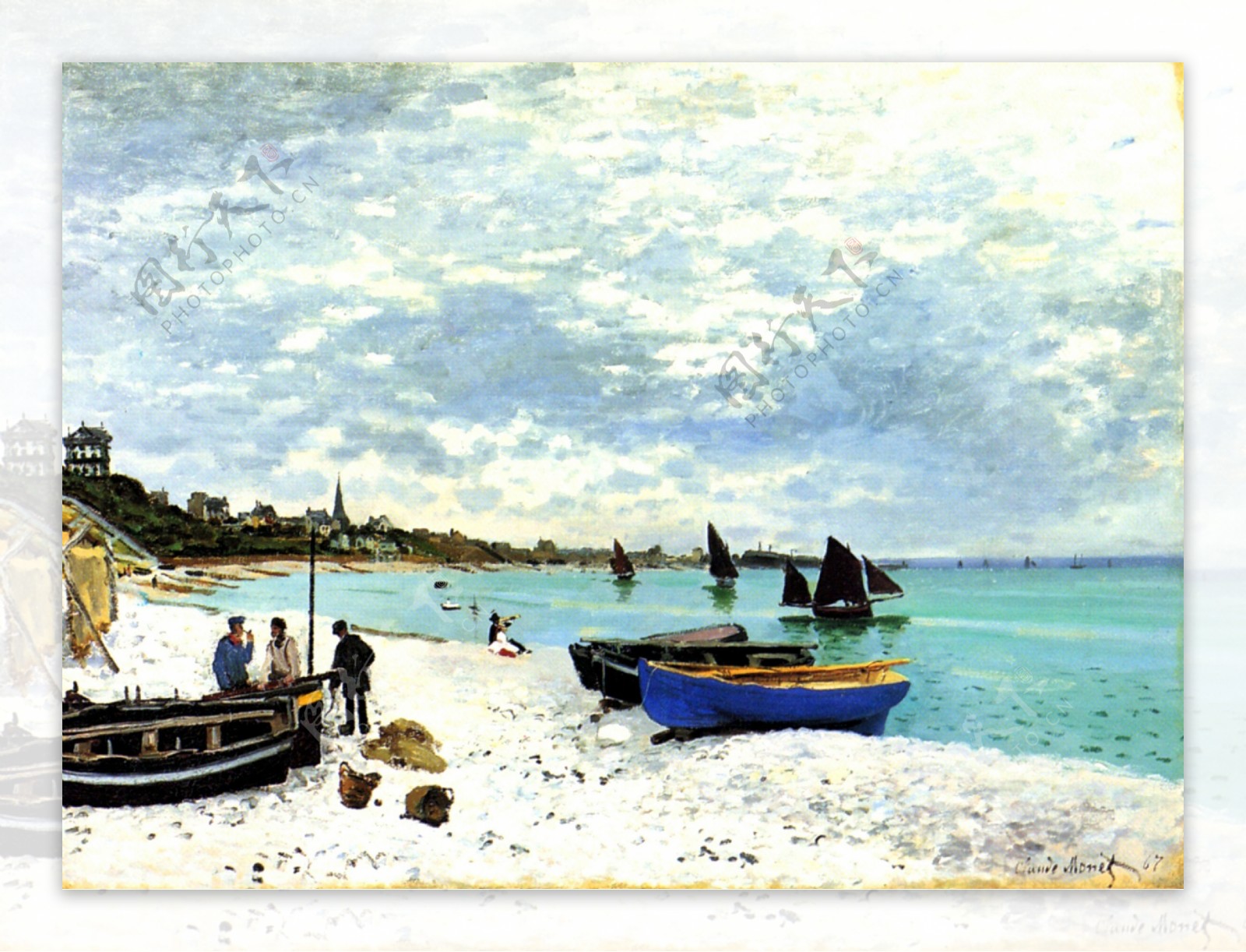 沙滩小船油画图片