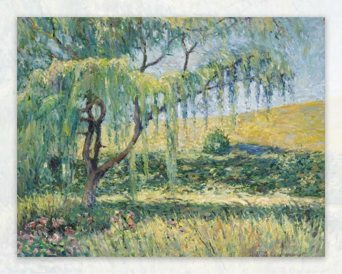 柳树山坡油画图片