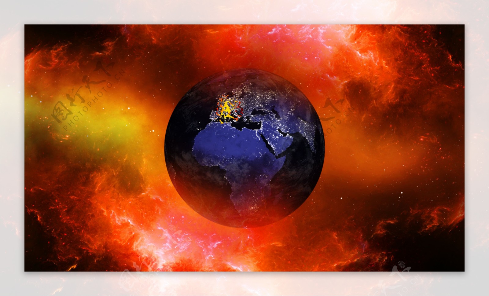 红色火焰中的地球图片